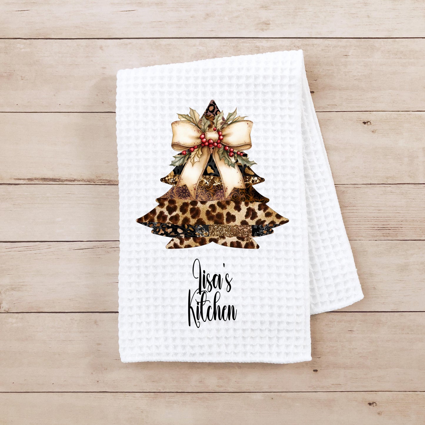 Personalized Leopard Print Kitchen Towel - Christmas Waffle Weave Microfiber Gift