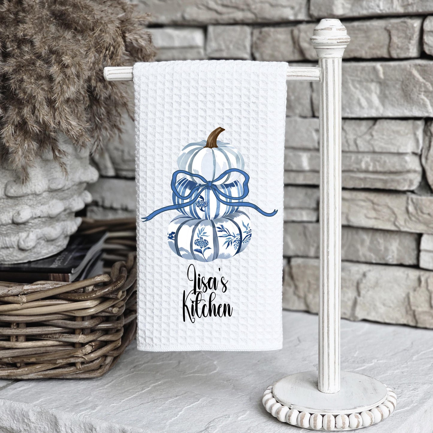 Personalized Blue Pumpkin Topiary Towel, 16x24" Waffle Weave Microfiber with Bow, Chinoiserie Fall Pumpkins