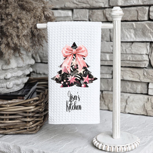 Personalized Christmas Tree Kitchen Towel  Waffle Weave Holiday Decor