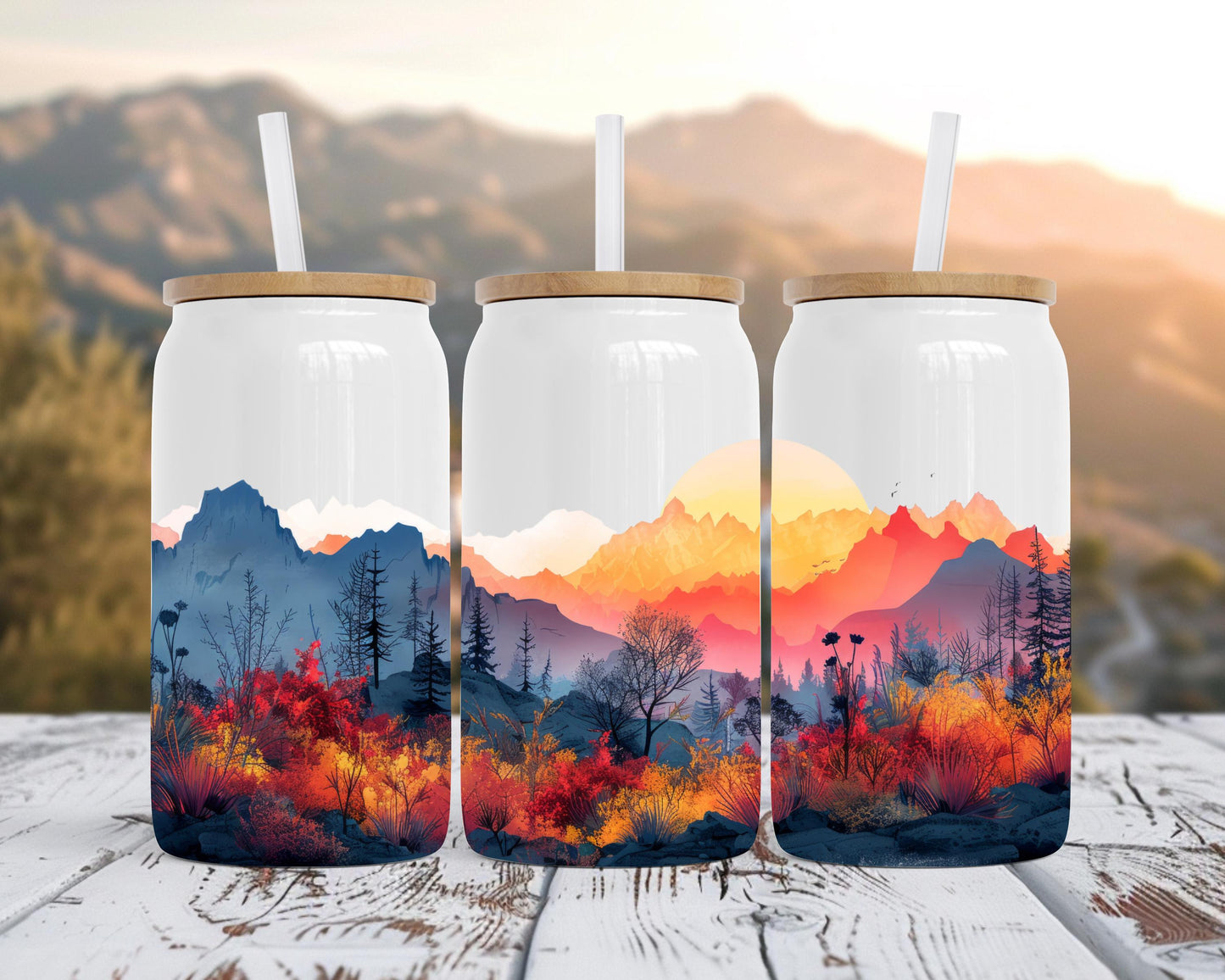 Autumn Mountain Sunset 16oz Soda Can, Fall Gift for Her, Travel Tea Cup