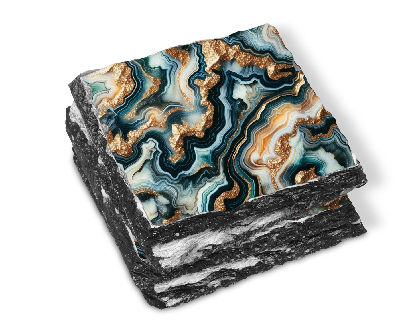 Fractured Edge Slate Coaster Set of 4 with Green Agate Pattern Gold Faux Glitter - Unique Housewarming Gift Elegant Home Décor