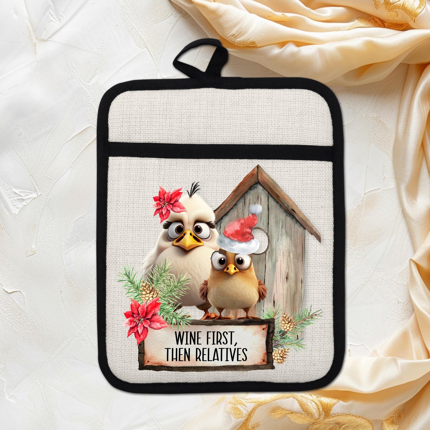 Funny Chicken Christmas Pot Holder with Wine First Then Relatives Quote - Rustic Linen Hot Pad Holiday Gift