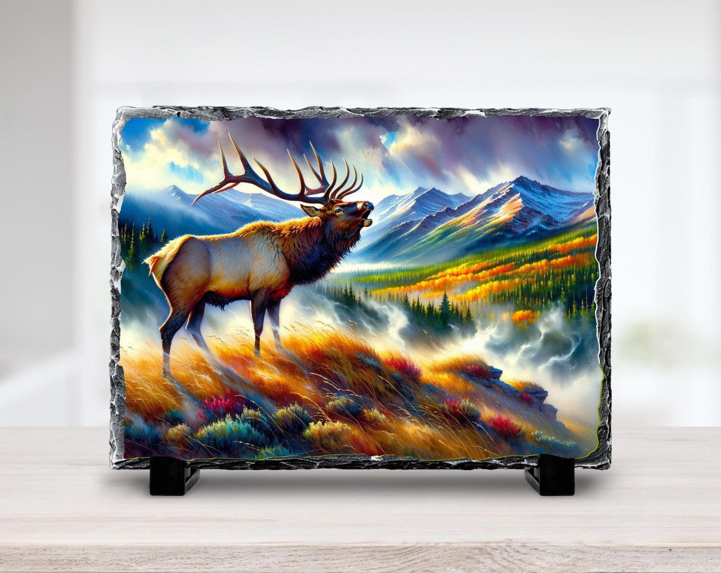 Bugling Elk Slate Plaque - Fall Morning Fog Mountain Valley Wildlife Art for Rustic Cabin Decor