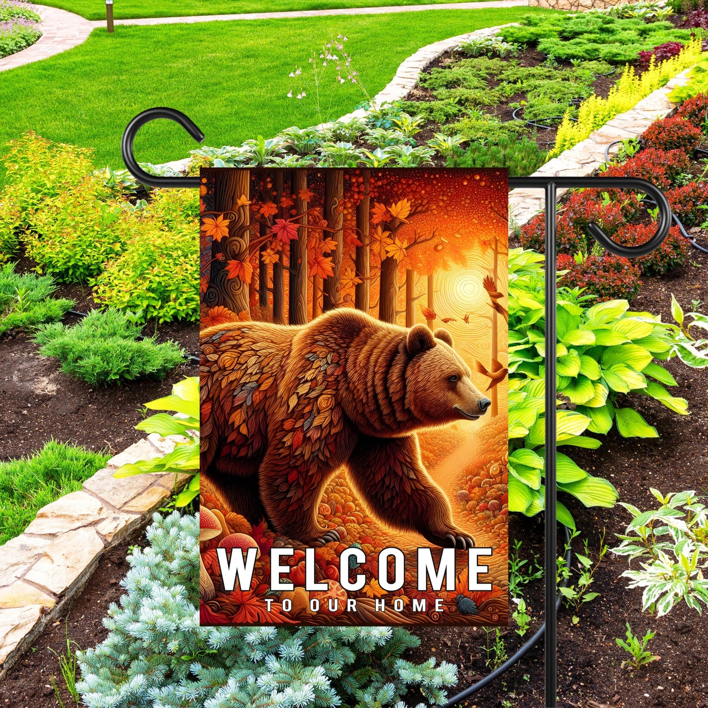Fall Garden Flag Featuring Brown Bear - Nature-Inspired Outdoor Decor