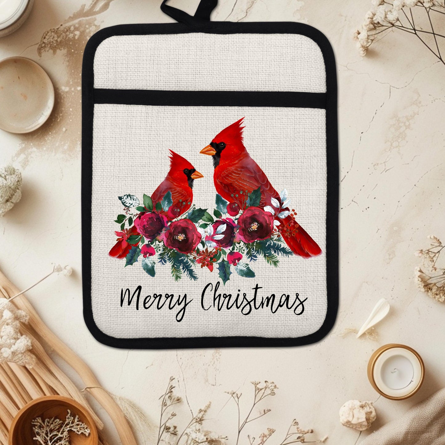 Christmas Cardinal Pot Holder with Two Red Birds on Floral Border - Linen Hot Pad for Holiday Gifting