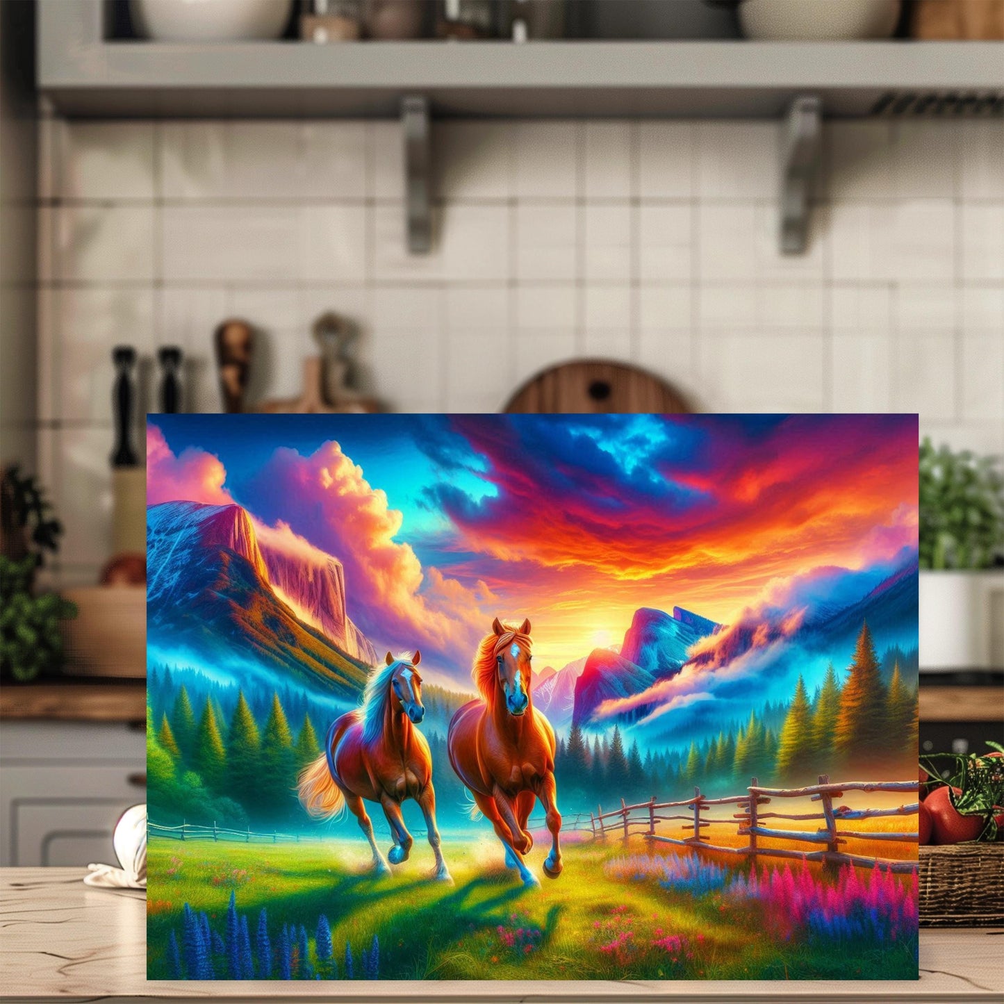 Horse Sunset Cutting Board - Galloping Horses in Mountain Valley - Perfect Gift for Horse Lovers and Farmhouse Kitchens