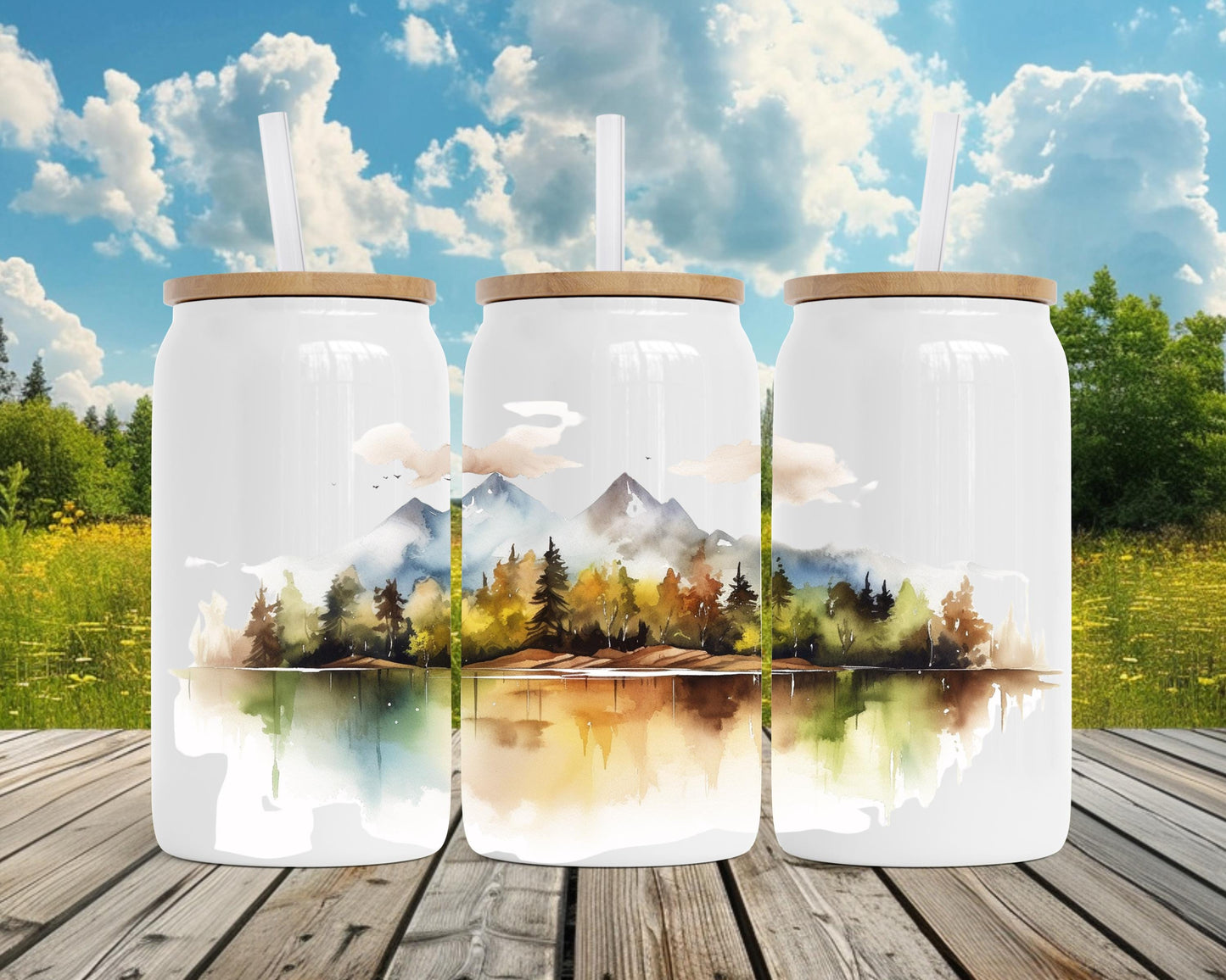 Eco-Friendly Stainless Steel Soda Can with Bamboo Lid, Mountain Watercolor Print