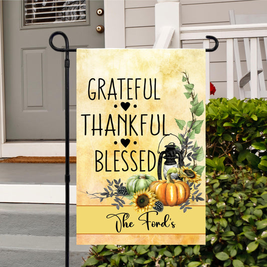 Personalized Fall Garden Flag - Grateful Thankful Blessed - Unique Housewarming Gift