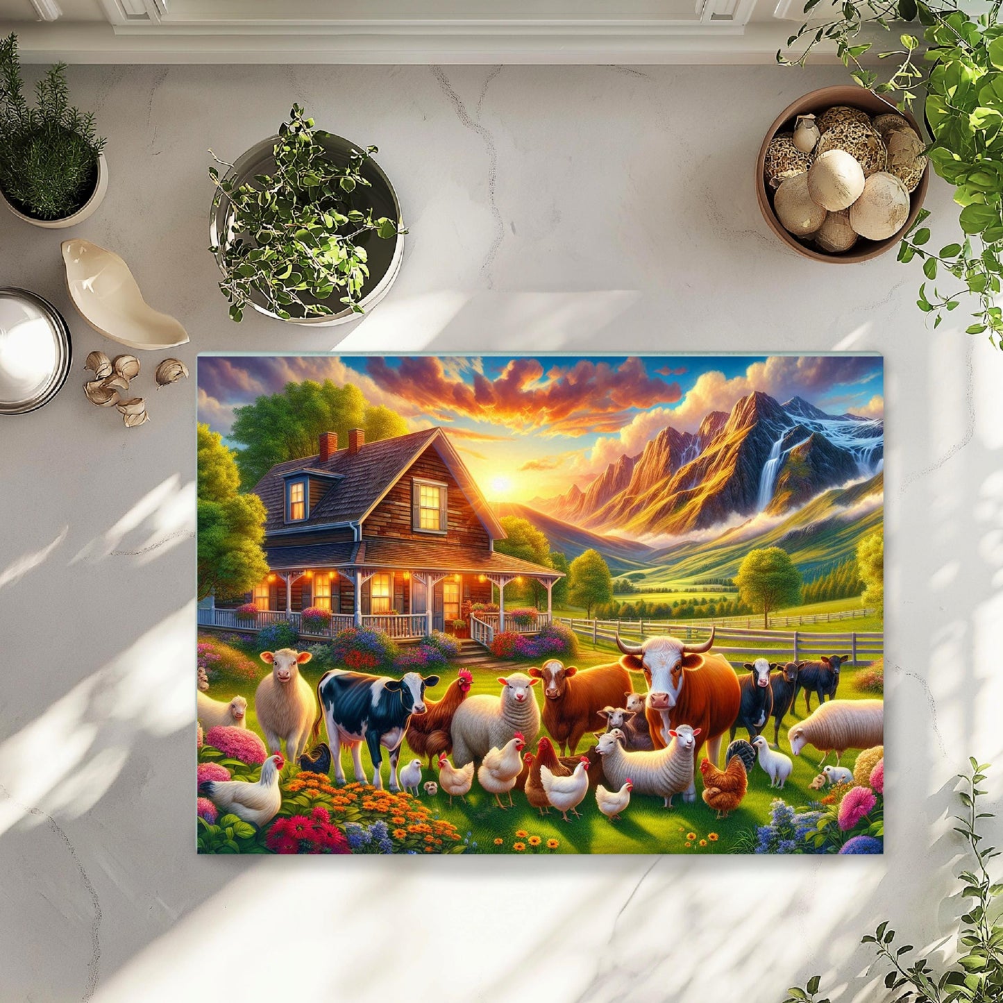 Tempered Glass Cutting Board - Mountain Farm Life Design Rustic Kitchen Art Homestead Gift