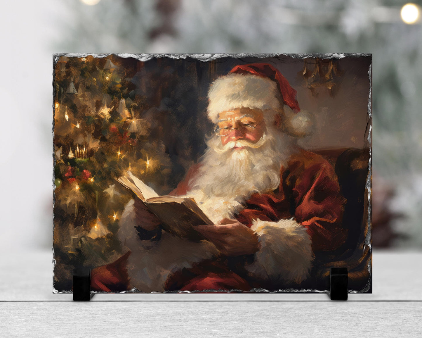 Watercolor Santa Slate Plaque - Holiday Decor with Fractured Edge Christmas Tree Reading Scene