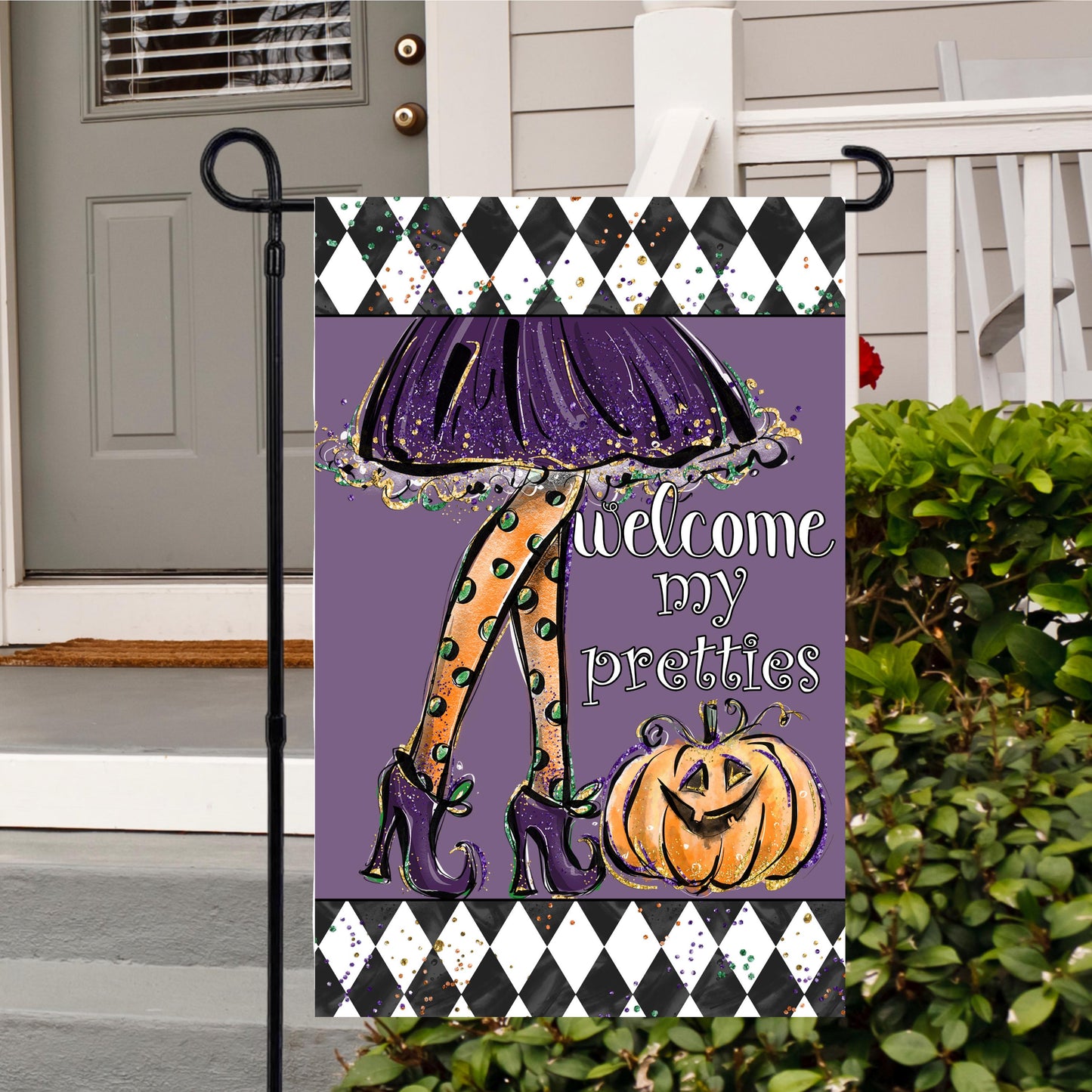 Double-Sided Halloween Garden Flag - 12x18 Inch Witch Legs Welcome My Pretties