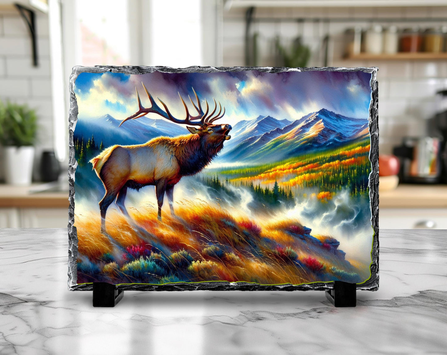 Bugling Elk Slate Plaque - Fall Morning Fog Mountain Valley Wildlife Art for Rustic Cabin Decor
