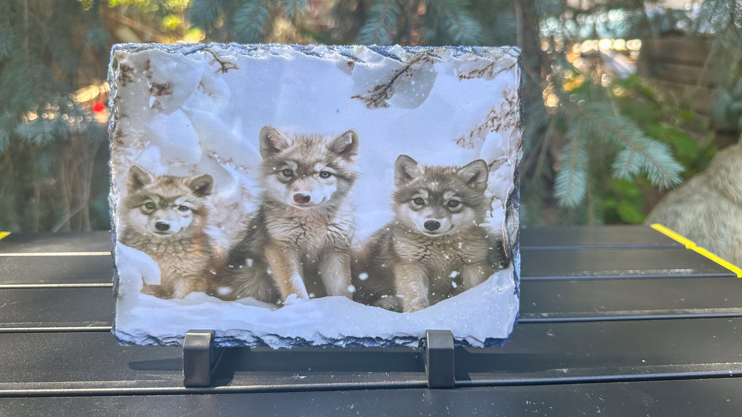Wolf Cubs in Winter Decorative Plaque, Wolf Lover Gift, Wolf Slate