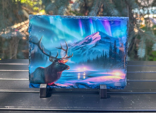 Elk Winter Scene Decorative Plaque with Northern Lights - Slate Outdoor Art Perfect Gift for Him