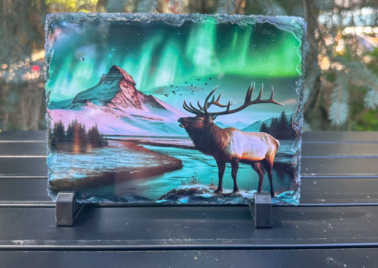 Elk Winter Scene Slate Plaque with Northern Lights - Unique Outdoorsy Gift for Him