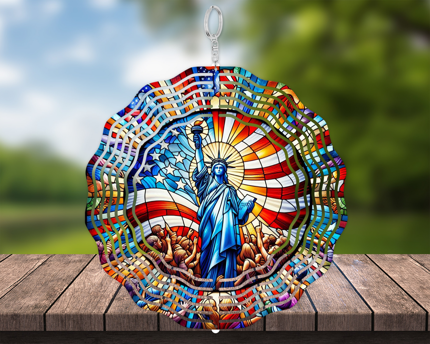 Handcrafted Statue of Liberty Wind Spinner with USA Flag Design