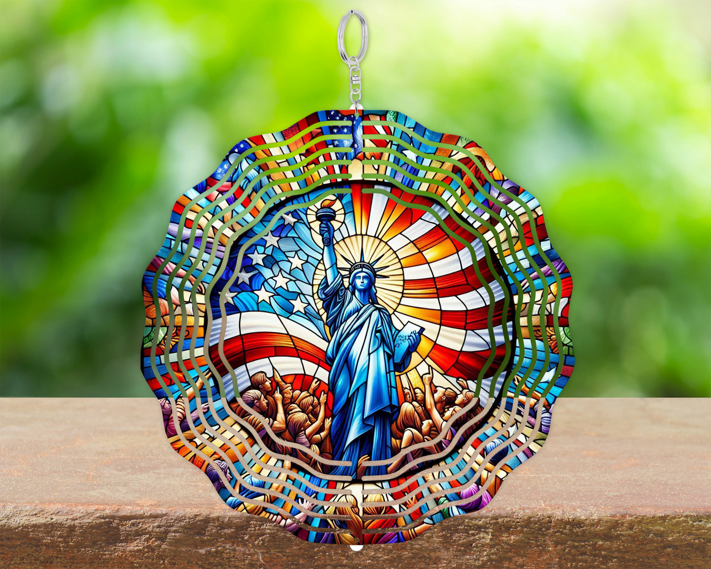 Colorful Faux Stained Glass 3D Spinner with Patriotic Liberty Statue