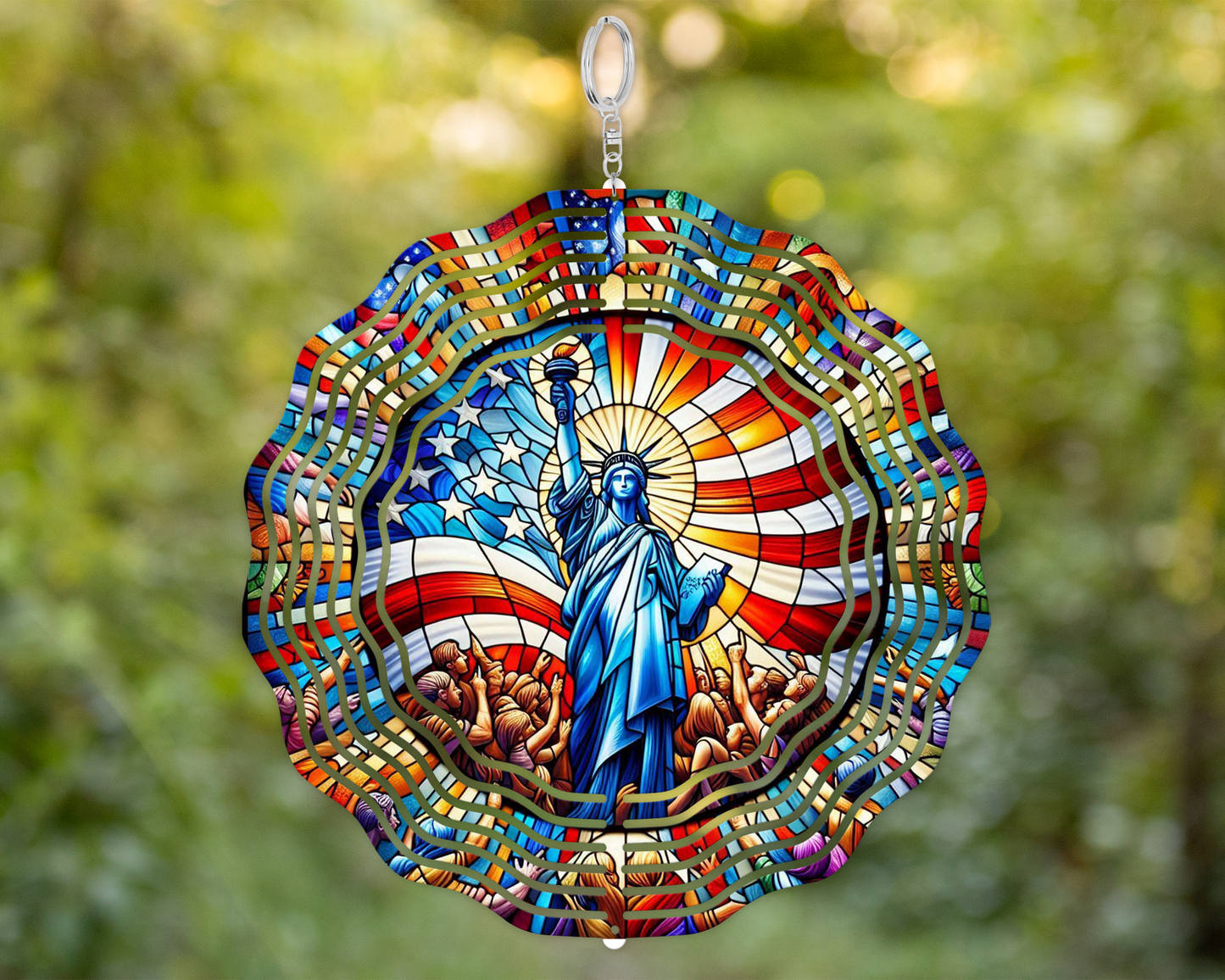 USA Flag Backdrop Spin Art - Liberty Statue Wind Spinner