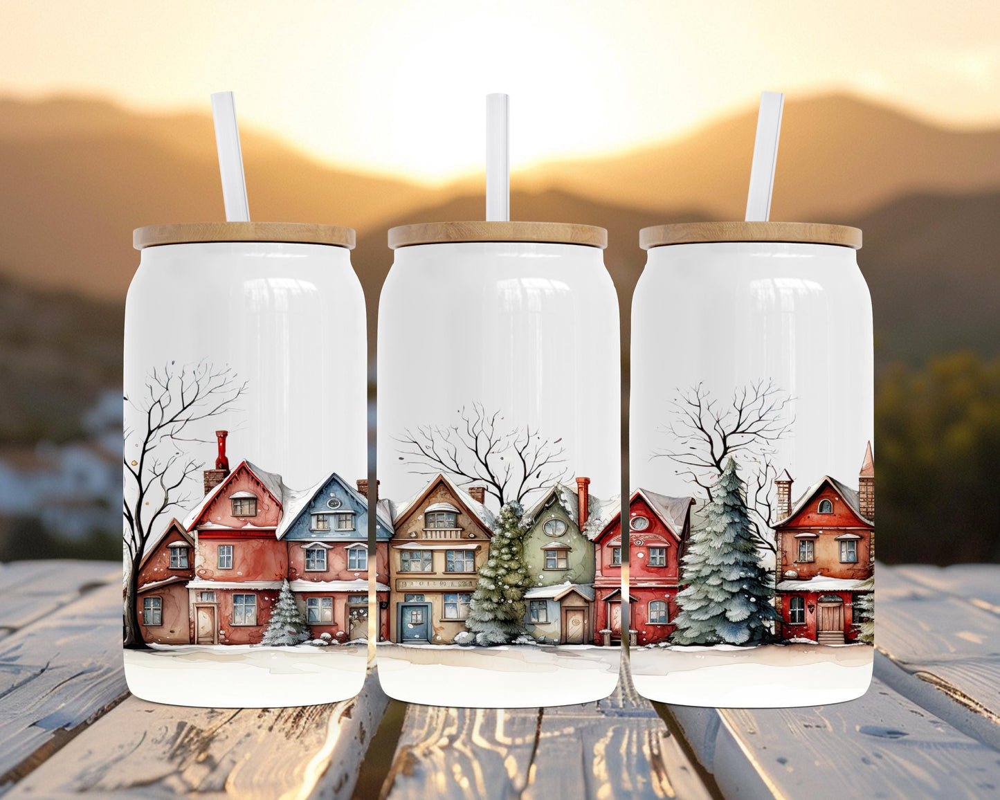 Winter Vintage Houses 16oz Insulated Soda Can with Bamboo Lid