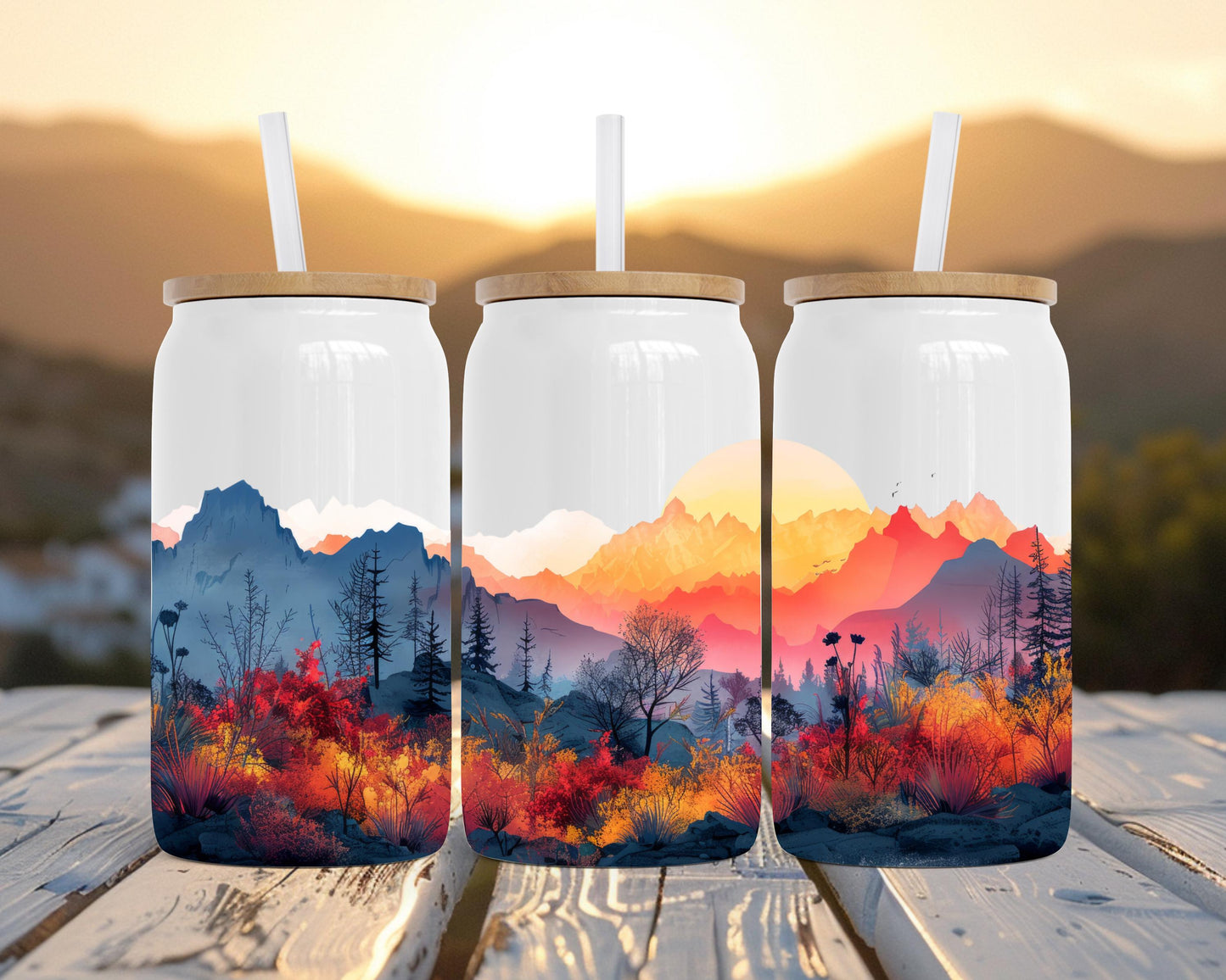 Autumn Mountain Sunset 16oz Soda Can, Fall Gift for Her, Travel Tea Cup