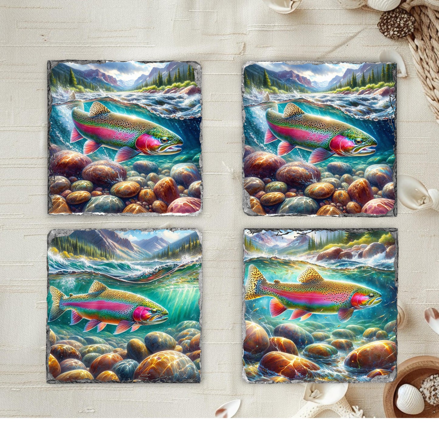 Rainbow Trout Slate Coaster Set with Fractured Edges 4 Sublimation Prints Black Rack for Coffee Table or Gift