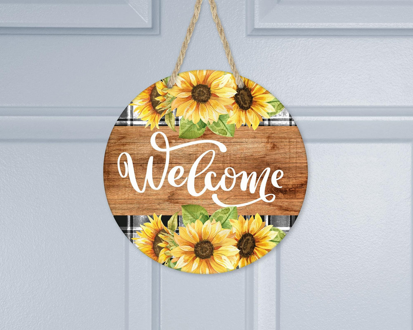 Aluminum Welcome Sign with Buffalo Plaid and Sunflowers - Unique Front Door Decor Housewarming Gift