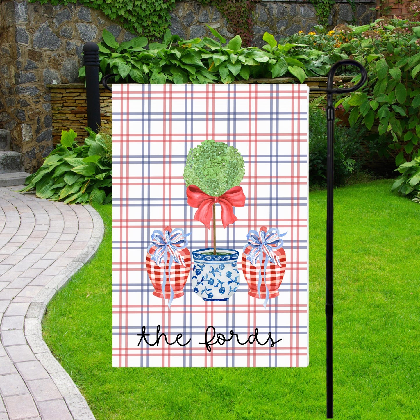 Preppy Housewarming Gift, Custom 4th of July Garden Flag with Chinoiserie Topiary, New Home Housewarming Gift, Preppy Garden Flag