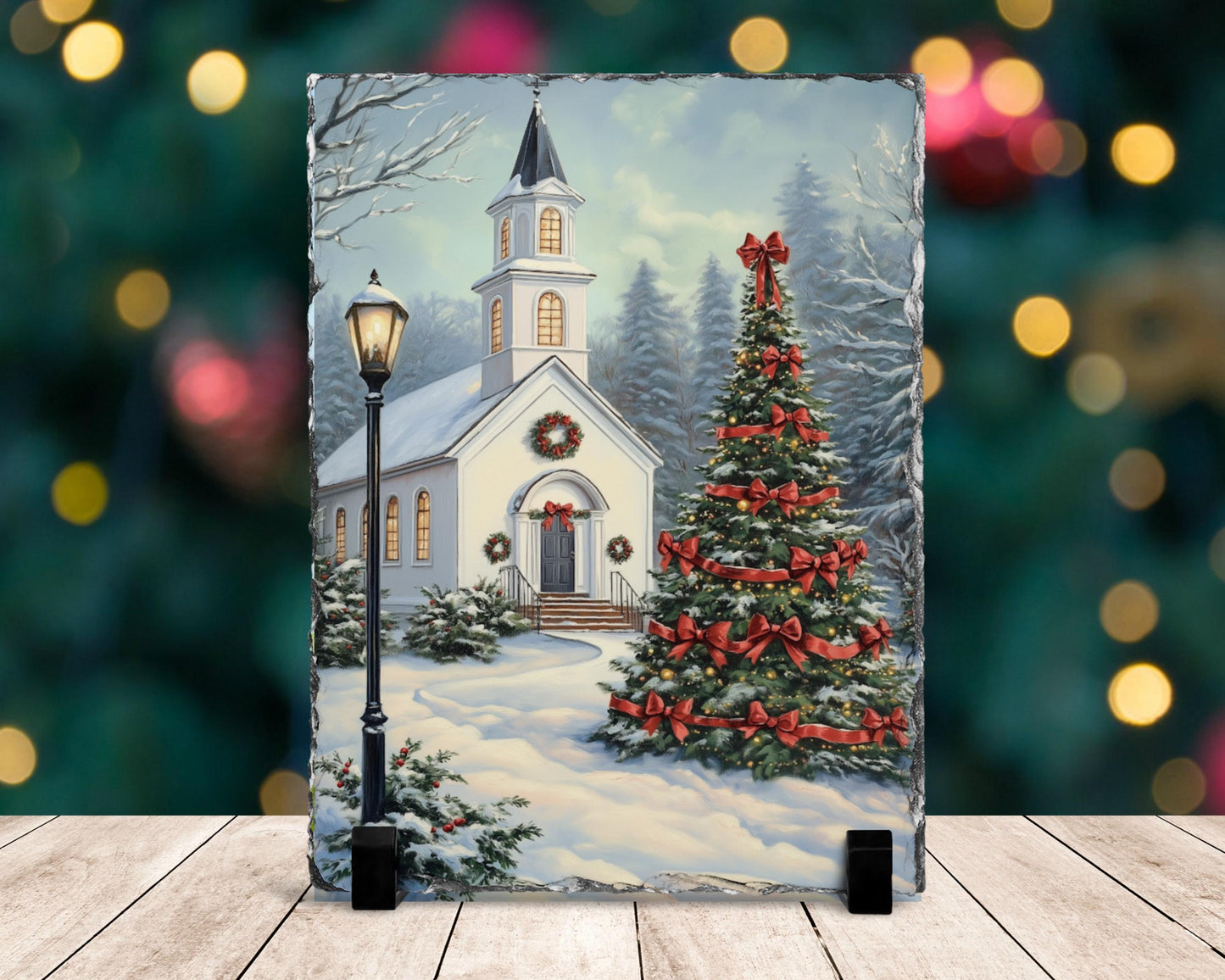 Vintage Slate Christmas Art with Red Bows Snowy Landscape