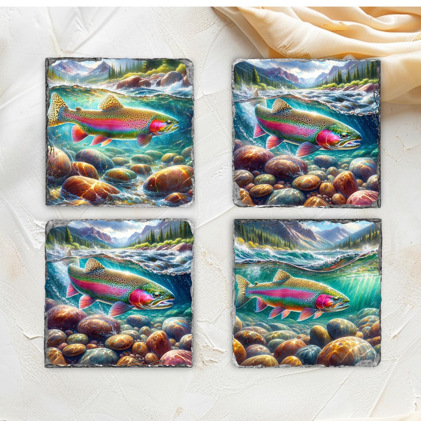Rainbow Trout Slate Coaster Set with Fractured Edges 4 Sublimation Prints Black Rack for Coffee Table or Gift