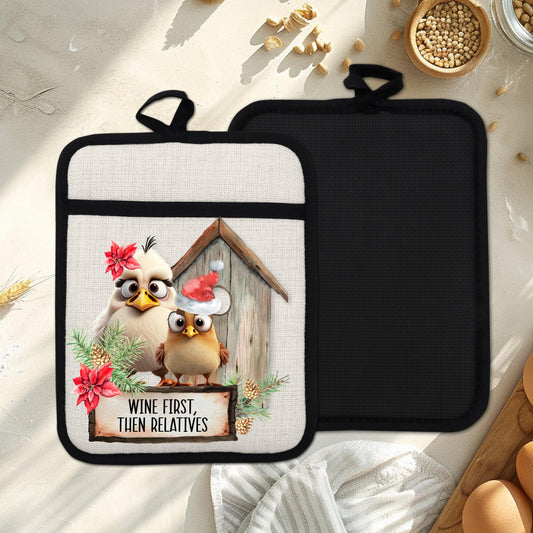 Funny Chicken Christmas Pot Holder with Wine First Then Relatives Quote - Rustic Linen Hot Pad Holiday Gift