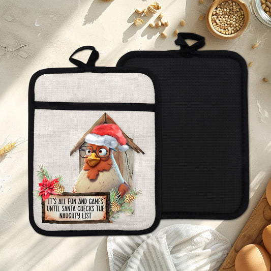 Funny Chicken Pot Holder with Santa Hat - Rustic Barn Kitchen Decor  Naughty List Sign - Perfect Linen Hot Pad Gift