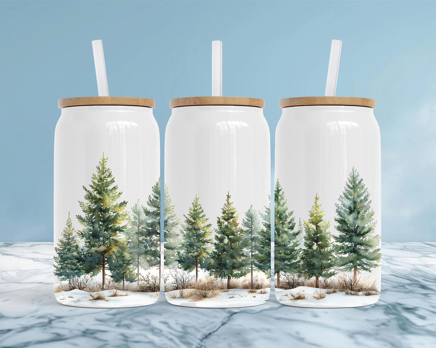 Winter Forest Tumbler, 16oz Soda Can, Pine Tree Watercolor Art, Forest Sipper