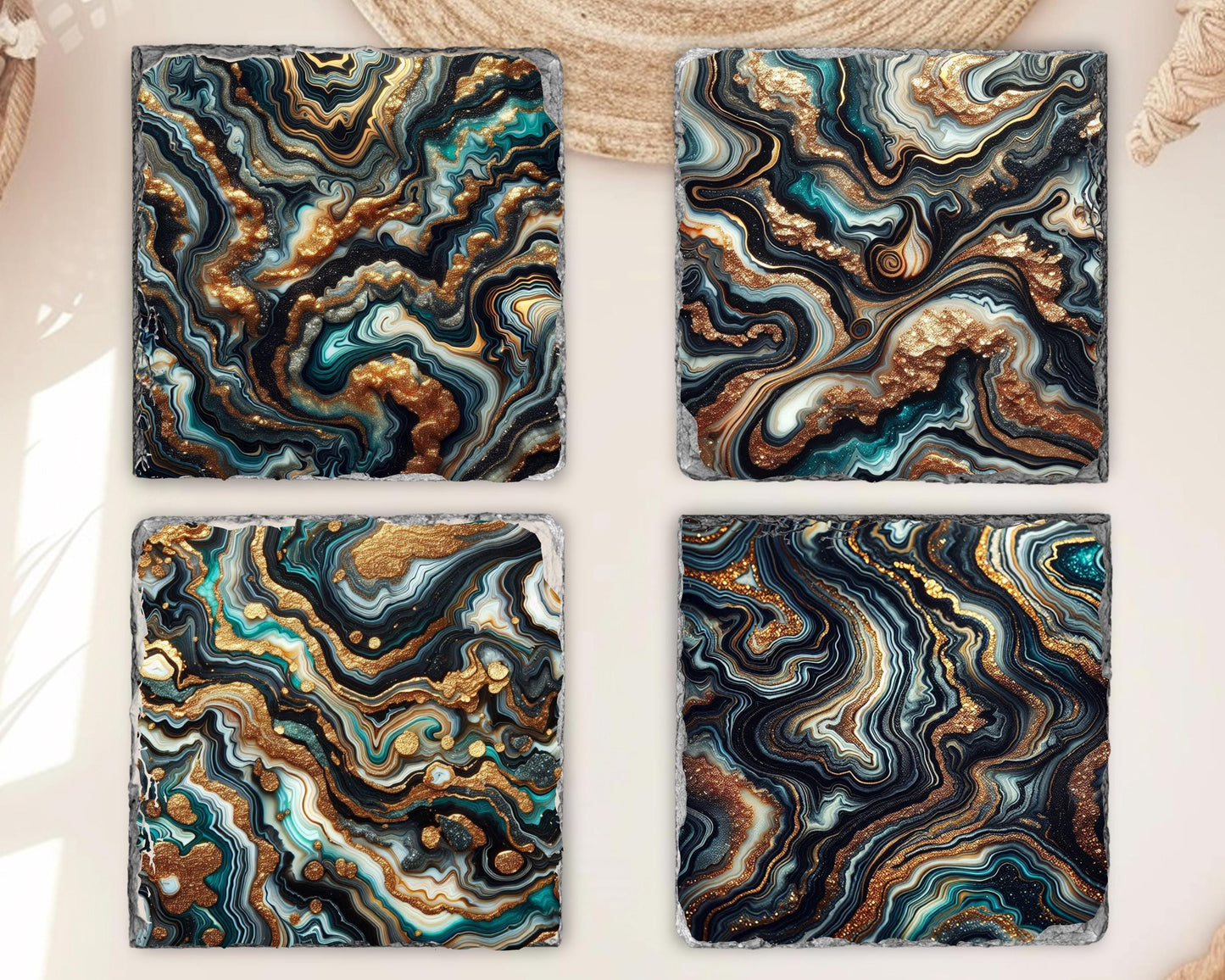 Black and Gold Agate Coaster Set with Faux Glitter - Elegant Hostess Gift and Holiday Present