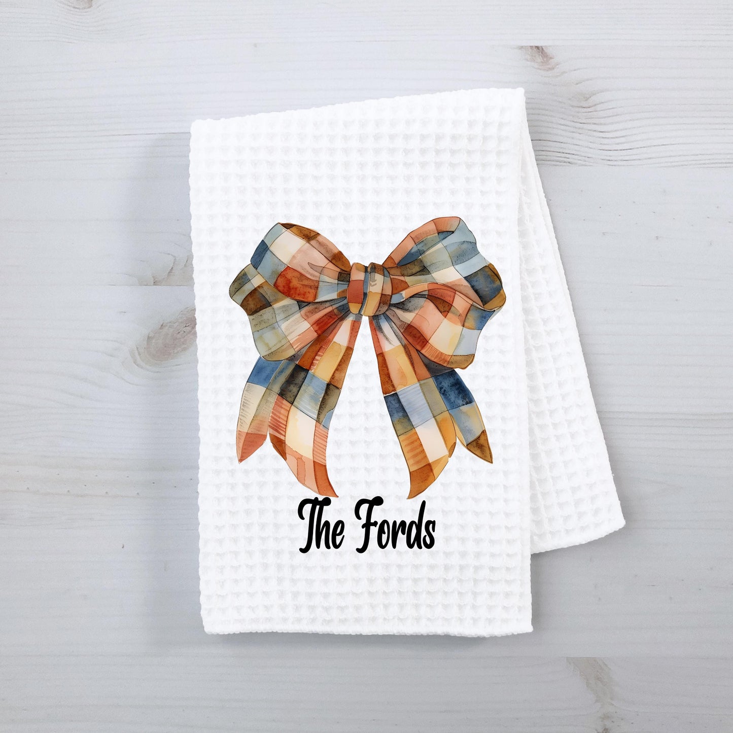 Personalized Fall Gingham Bow Waffle Weave Towel, Custom Kitchen Decor, Unique Gift for Her, Hostess Gift, Autumn Gingham Bow Towel