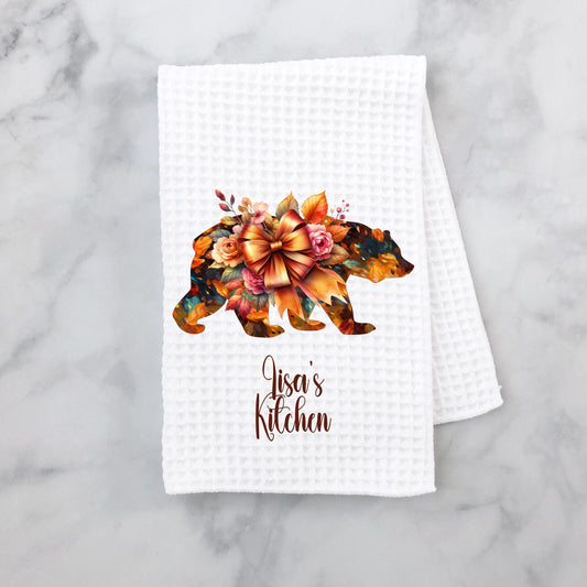 Personalized Autumn Bear Kitchen Towel - Waffle Weave Fall Decor