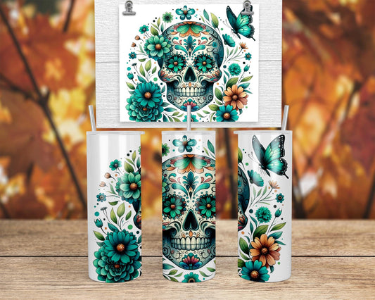 Glow-in-the-Dark Teal Sugar Skull Tumbler - Unique Spook Chic Drinkware Gift