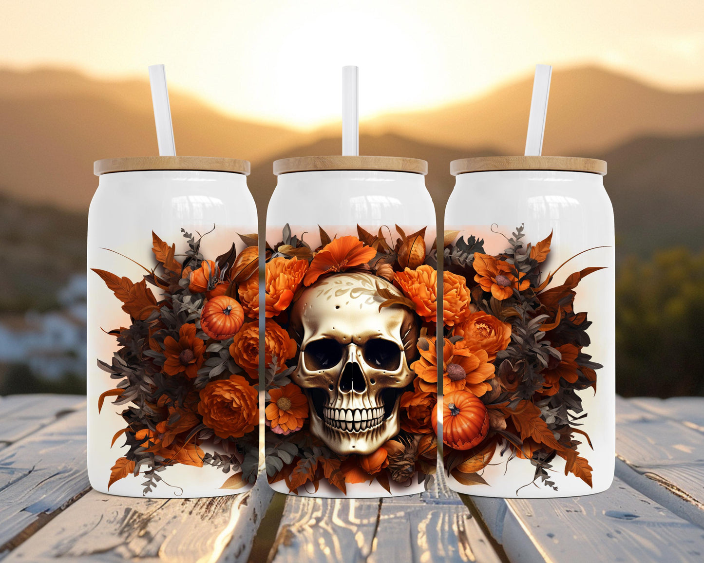 Fall Floral Skull Design, Insulated Steel Soda Can with Bamboo Lid, 16oz Cup, Skull Lover Gift