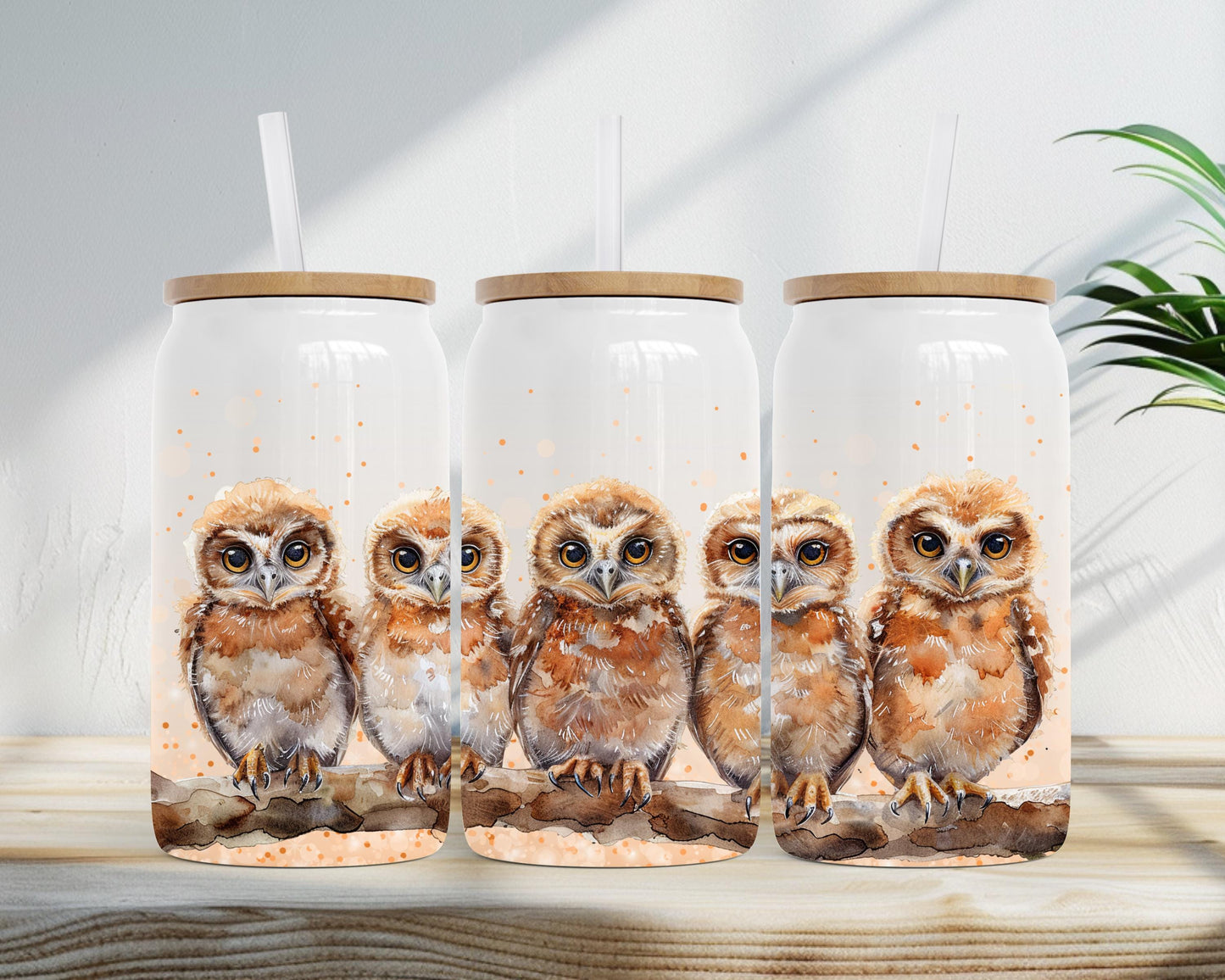 Eco-Friendly 16oz Stainless Steel Can with Bamboo Lid, Five Owls Watercolor Art