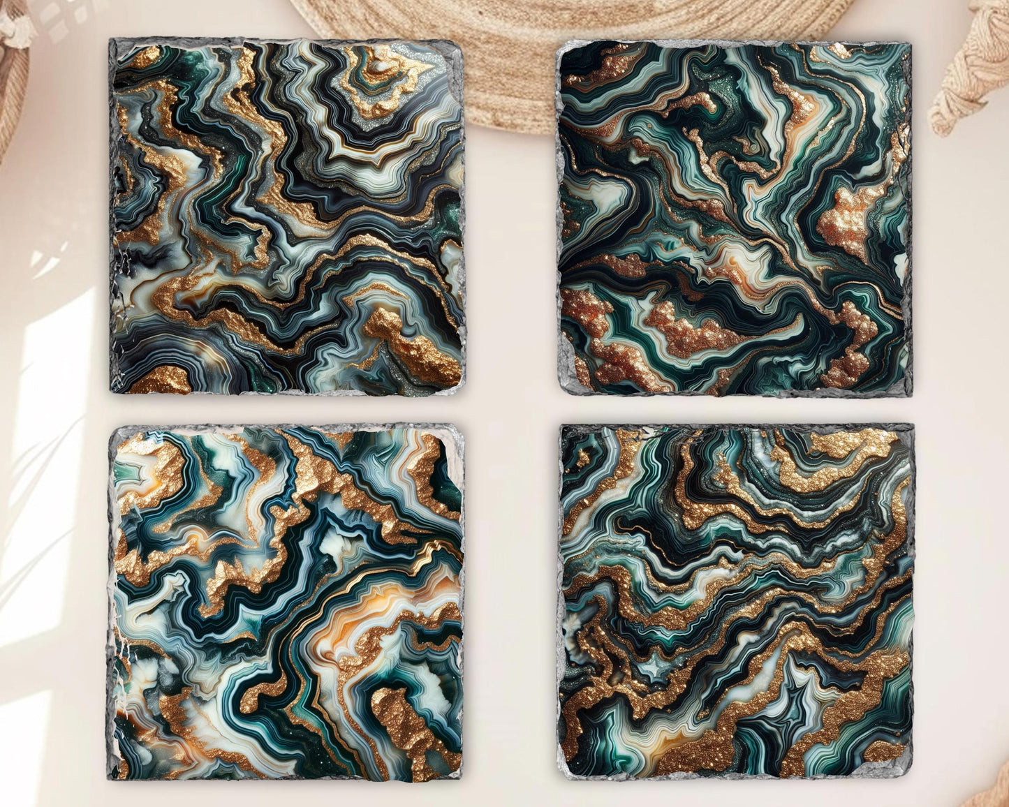 Fractured Edge Slate Coaster Set of 4 with Green Agate Pattern Gold Faux Glitter - Unique Housewarming Gift Elegant Home Décor