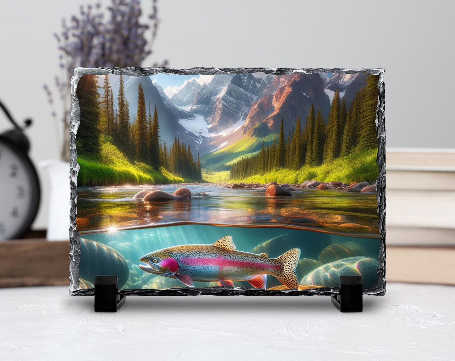 Nature-Inspired Slate Art featuring Rainbow Trout Rustic Mountain Stream Wall Decor for Outdoor Enthusiasts