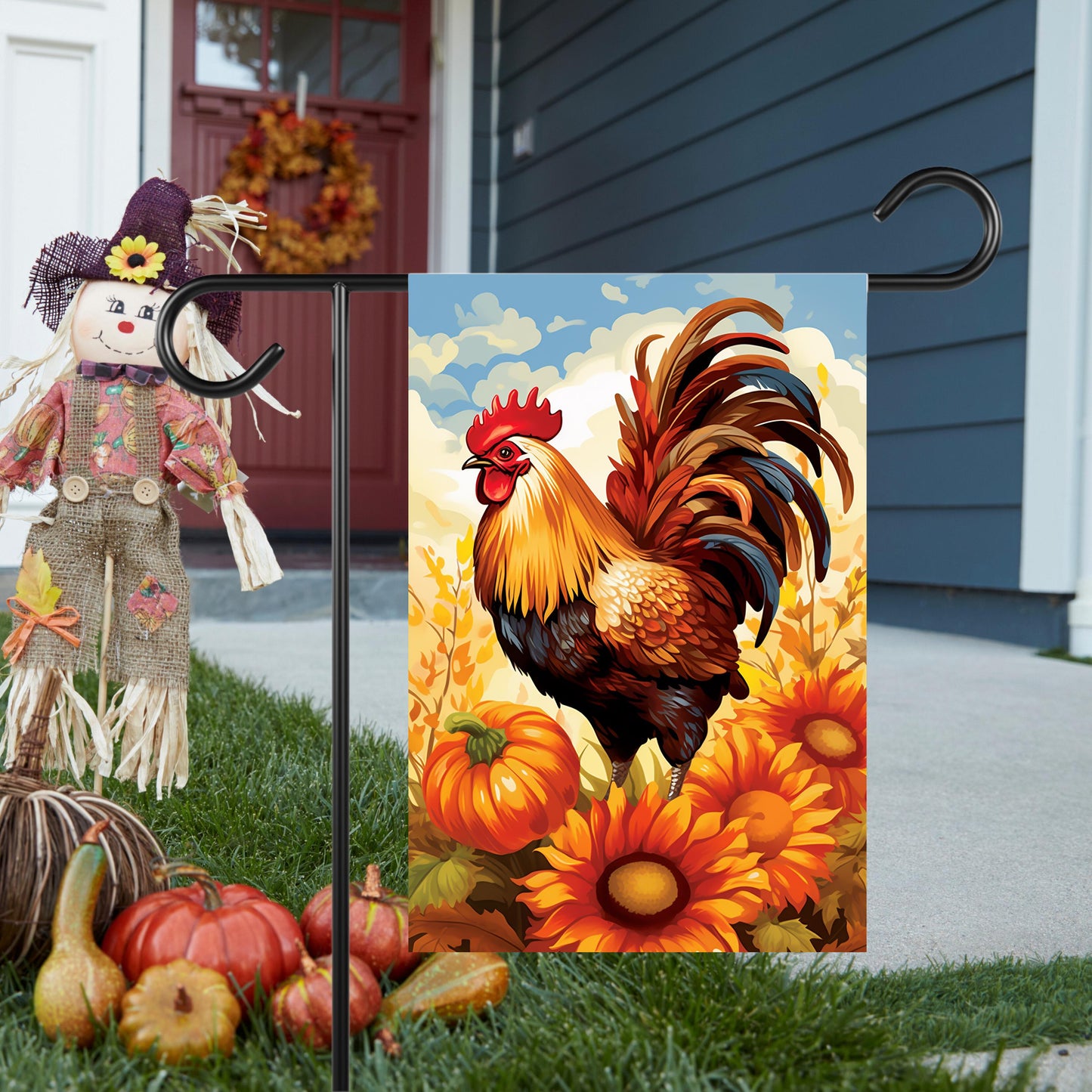 Double-Sided Garden Flag - Autumn Rooster Pumpkin Mums Design 12x18 Inch