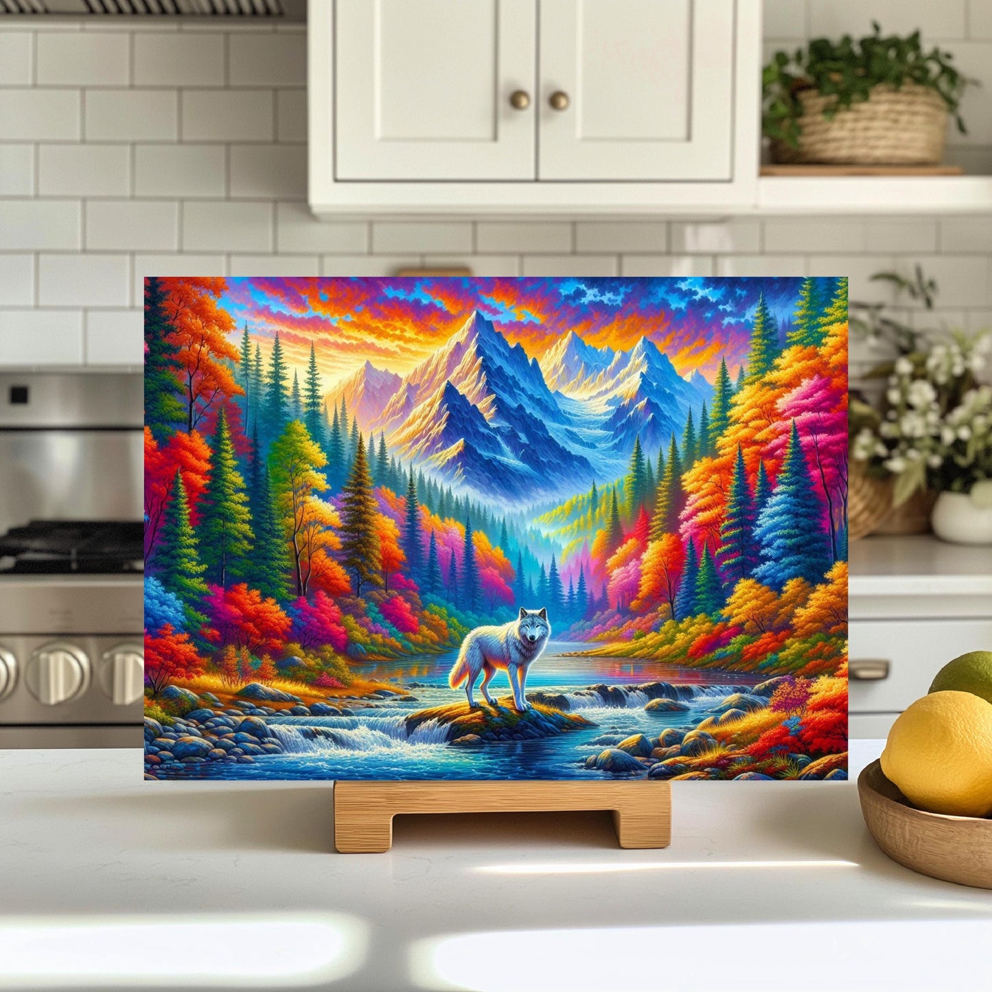 Vibrant Wolf Glass Cutting Board 11x15 Inch Fall Mountains Design - Unique Hostess Gift
