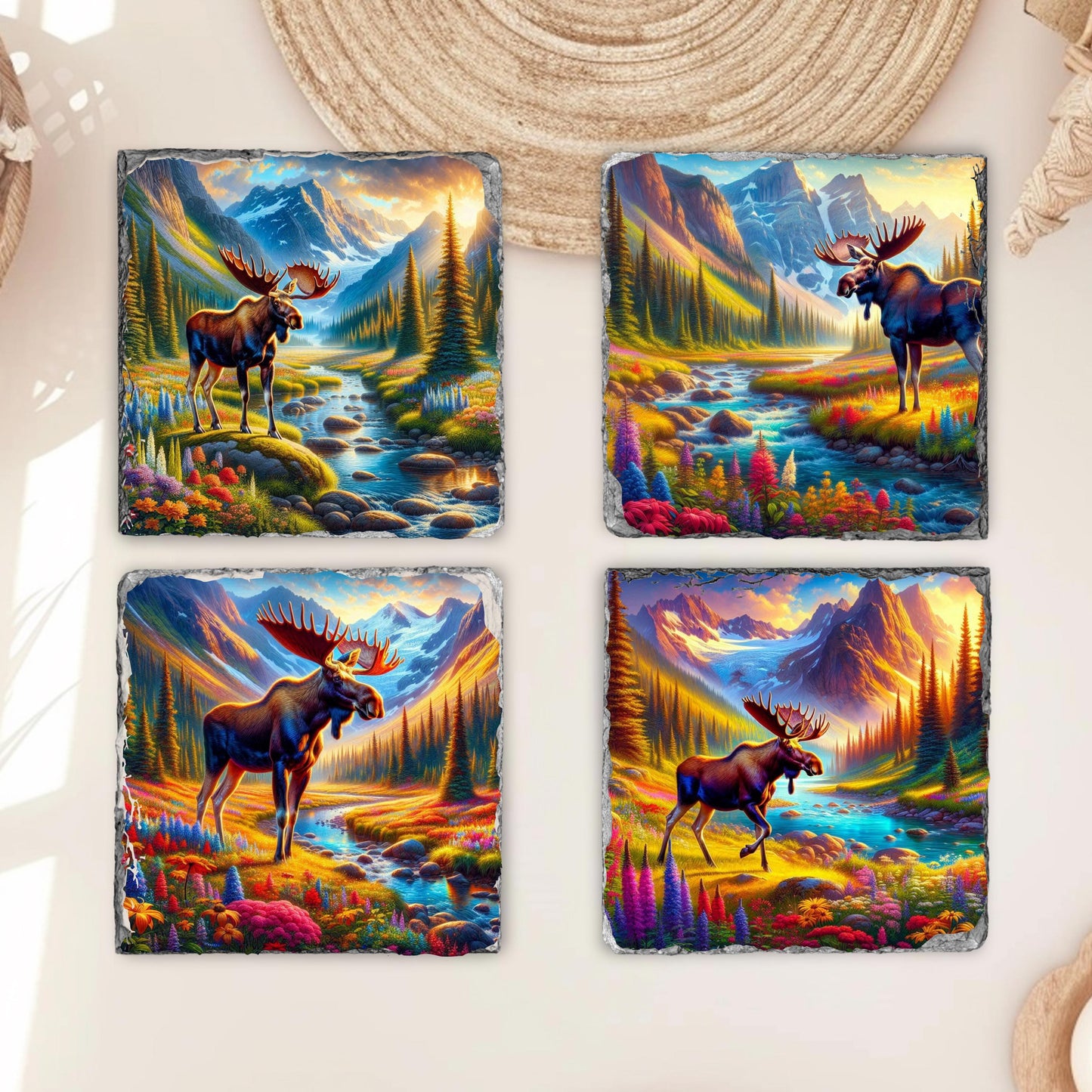 Slate Coaster Set with Moose Mountain Views - Fractured Edges Ideal Nature Lover Gift