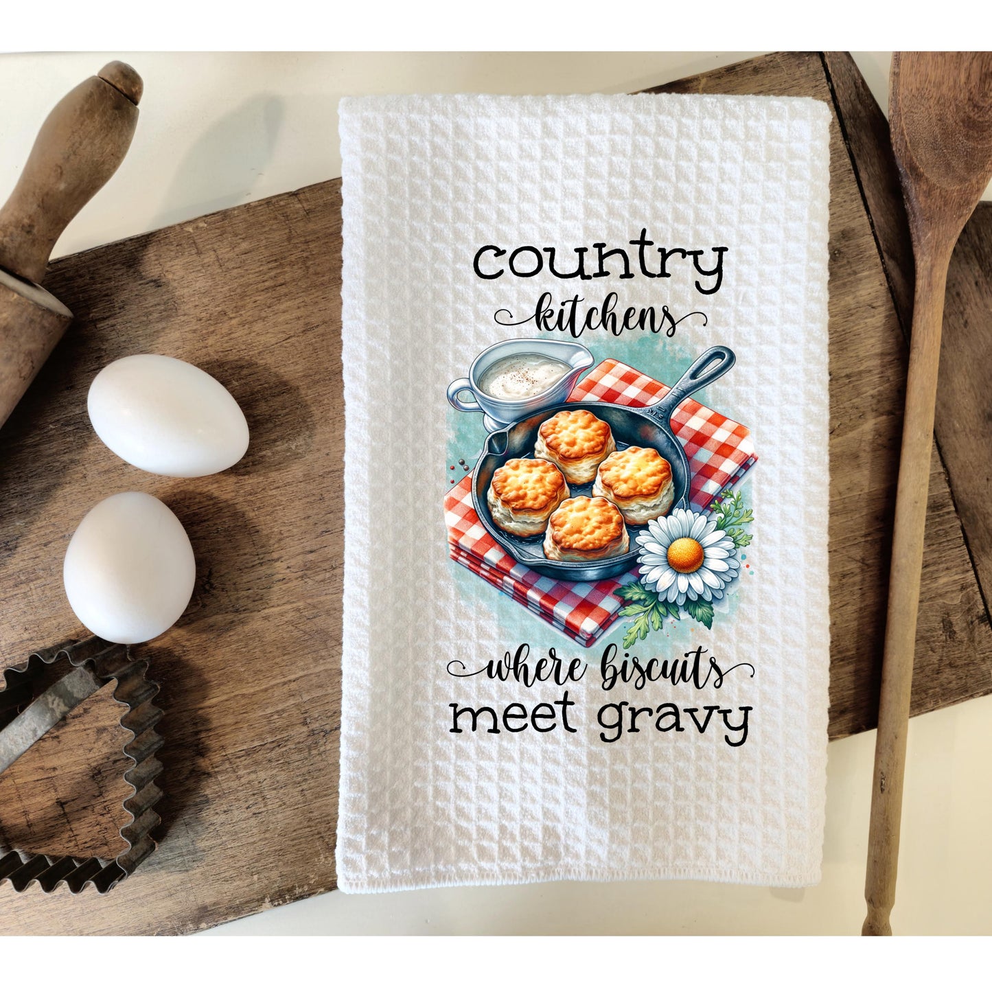 Country Kitchen Waffle Weave Towel, Charming Rustic Farmhouse Towel, Unique Hostess Gift, Cute Towel for Mom, Farmhouse Charm, Biscuit Theme