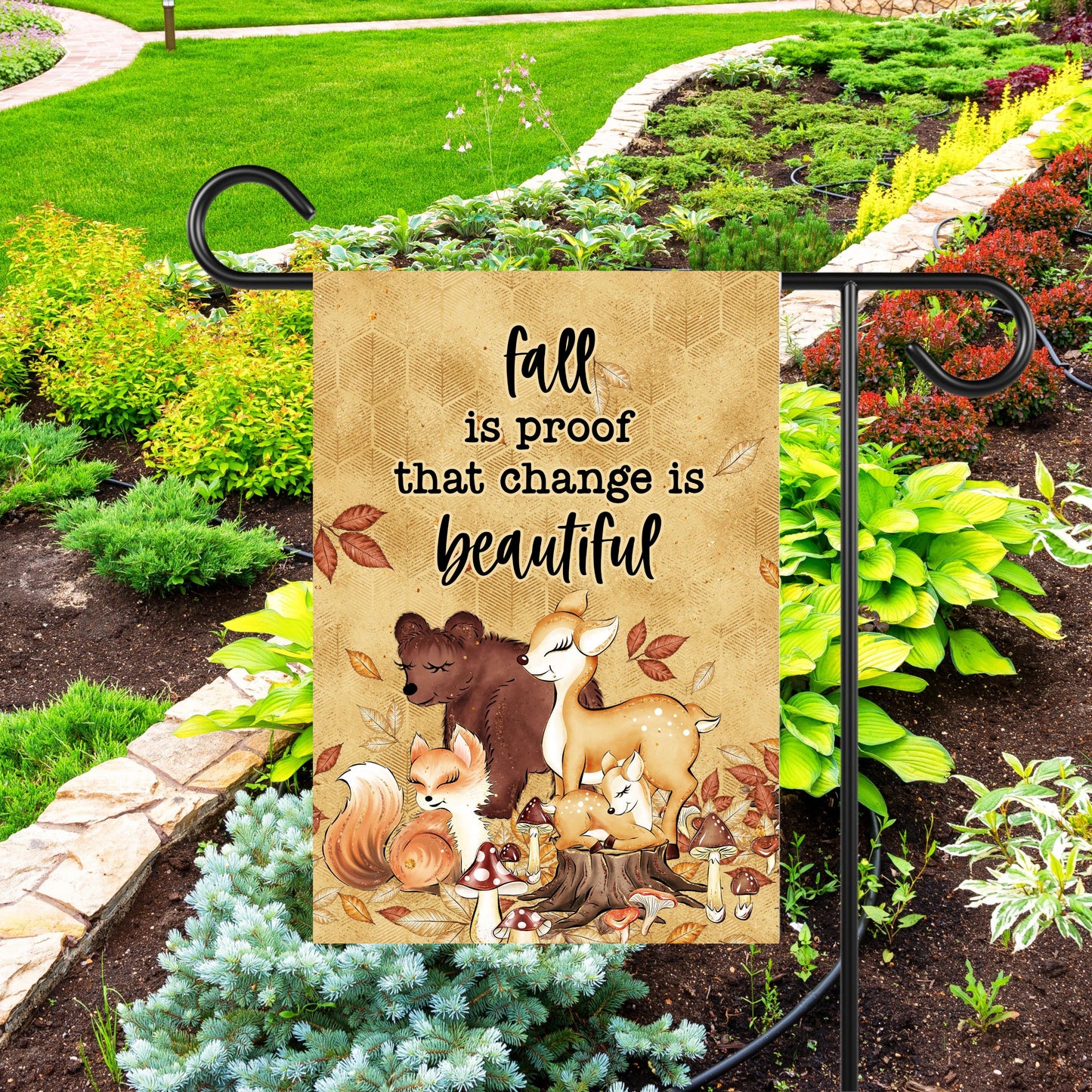 Double-Sided Woodland Creatures Fall Garden Flag with Change is Beautiful Quote - 12x18 Inch