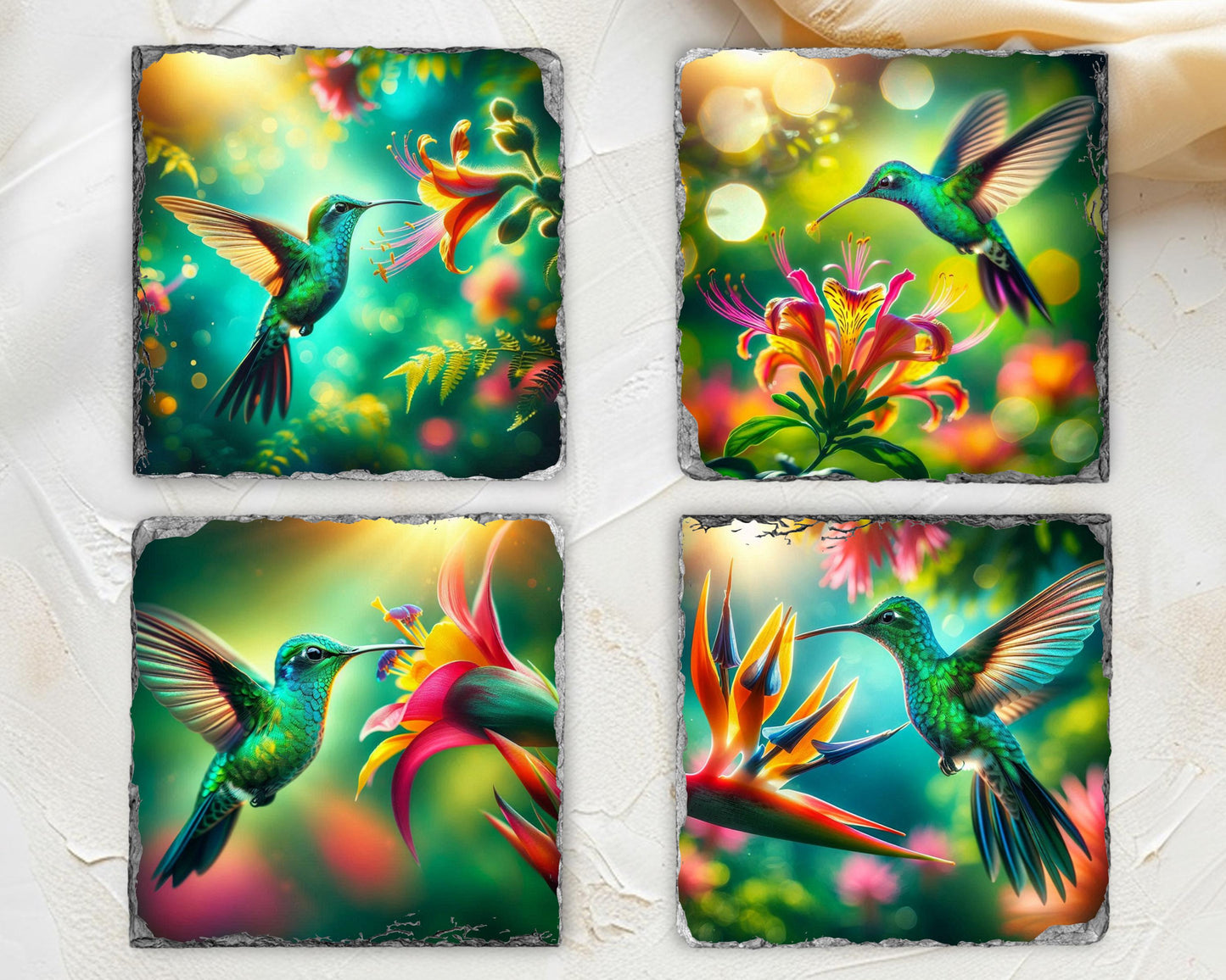 Hummingbird Slate Coaster Set - Colorful Floral Drink Coasters for Nature Enthusiasts