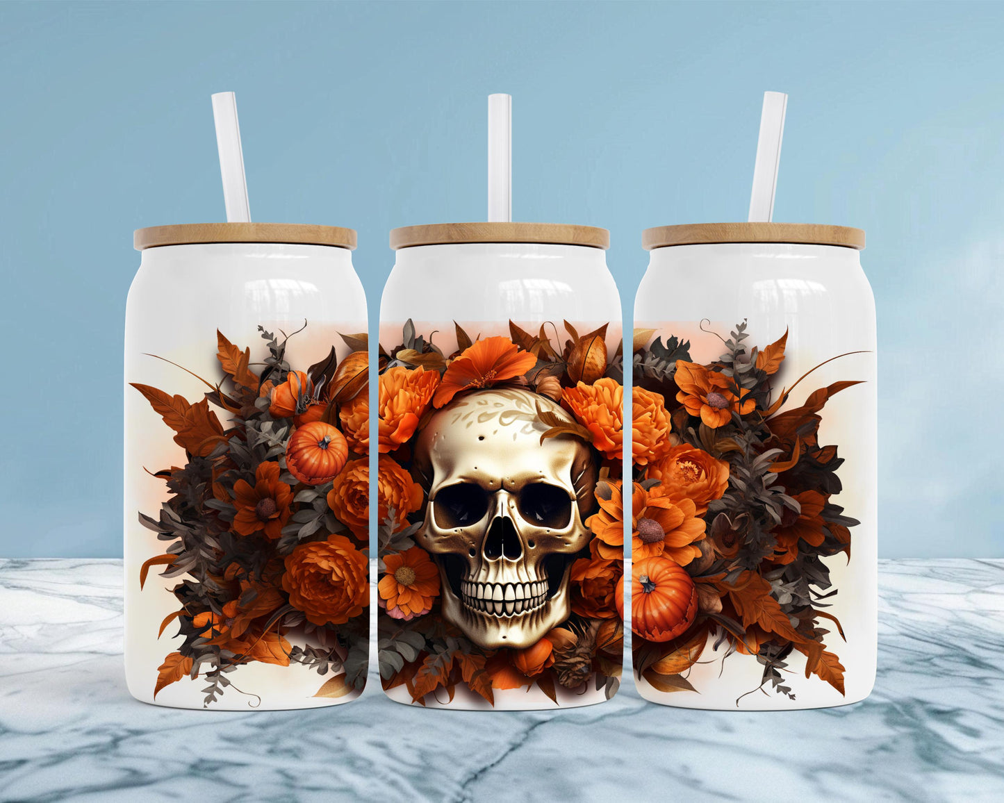 Fall Floral Skull Design, Insulated Steel Soda Can with Bamboo Lid, 16oz Cup, Skull Lover Gift