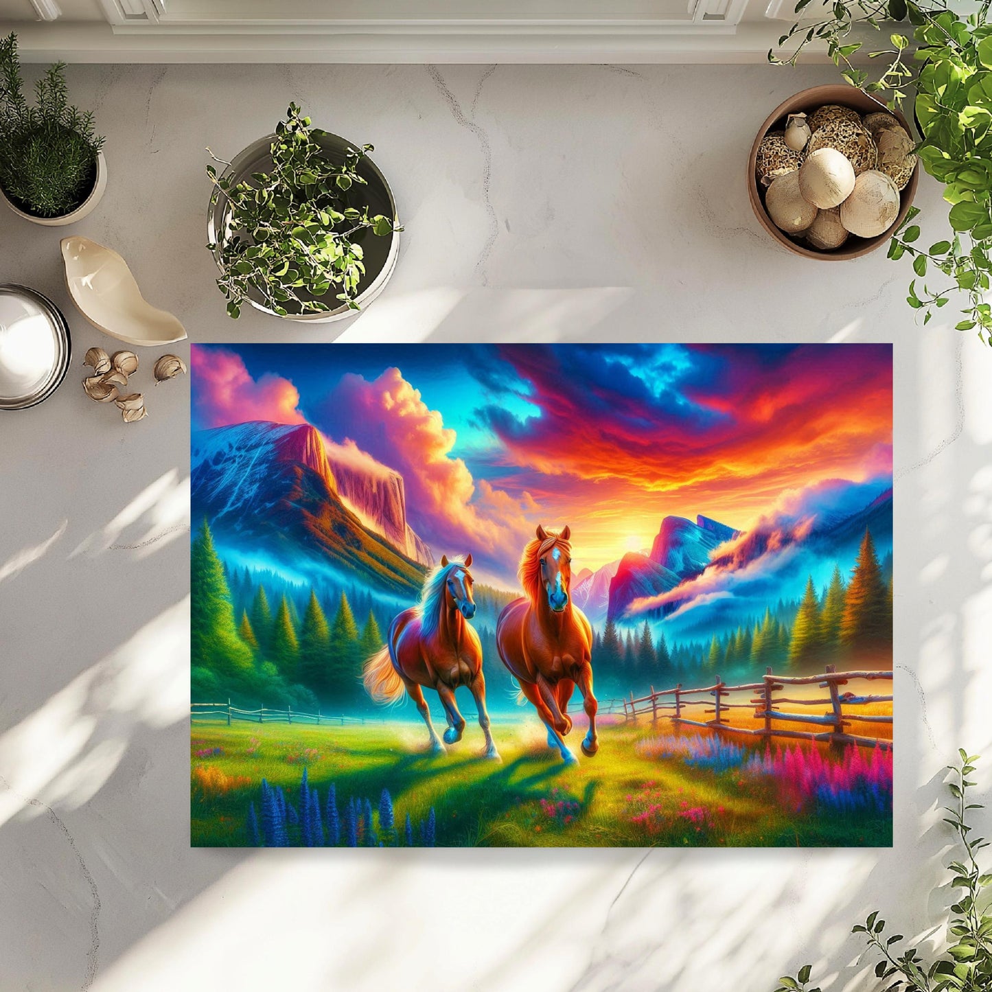 Horse Sunset Cutting Board - Galloping Horses in Mountain Valley - Perfect Gift for Horse Lovers and Farmhouse Kitchens