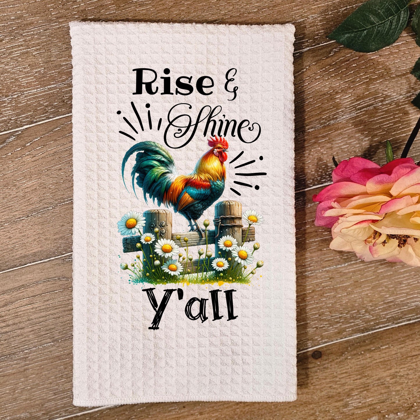 Chicken and Daisies Waffle Weave Towel, Unique Gifts for Chicken Lovers, Fun Kitchen Decor, Rise Shine Decor, Charming Towel, Hostess Gift