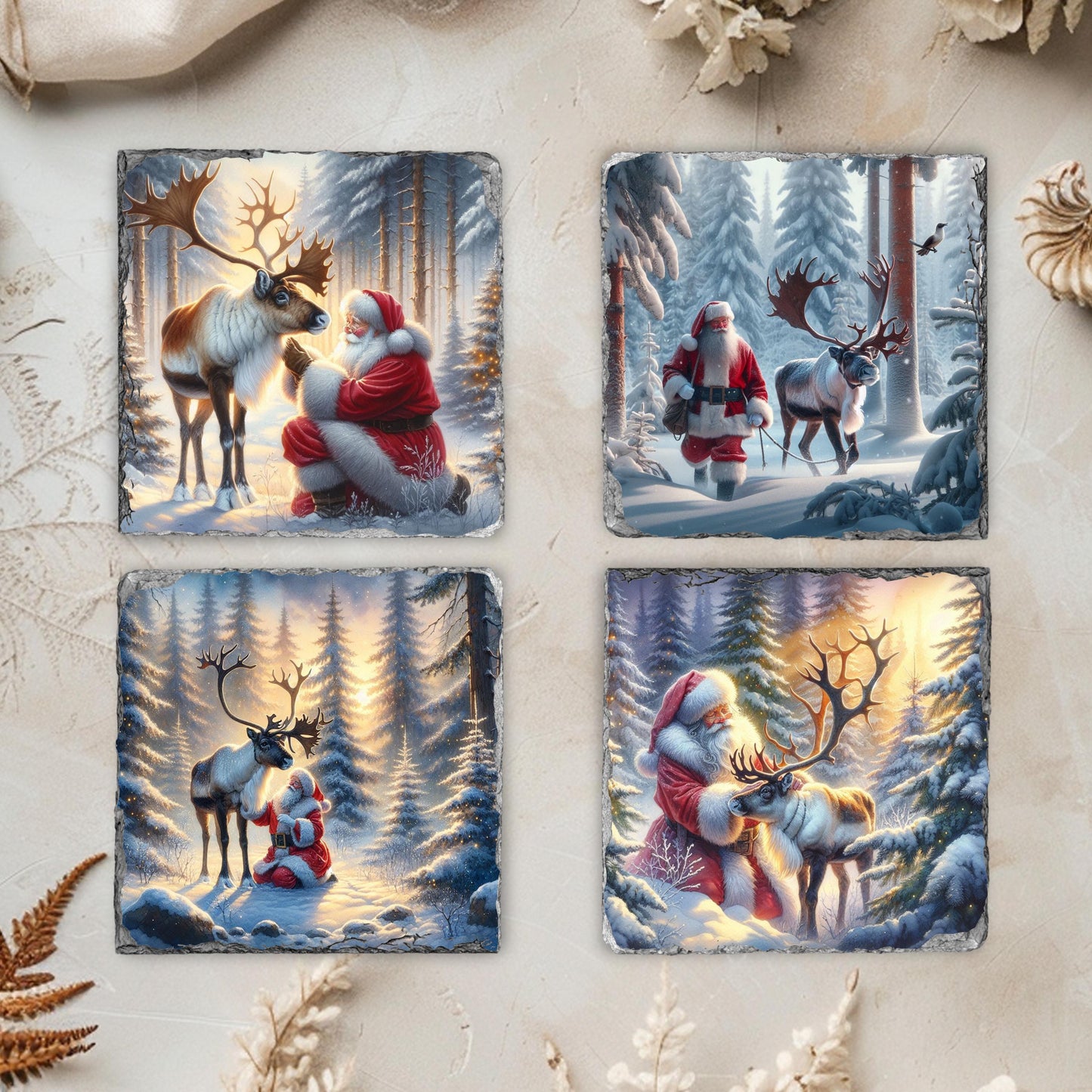 Fractured Edge Slate Coaster Set with Santa Reindeer Winter Scene 4 Sublimation Images Black Rack Perfect Holiday Gift